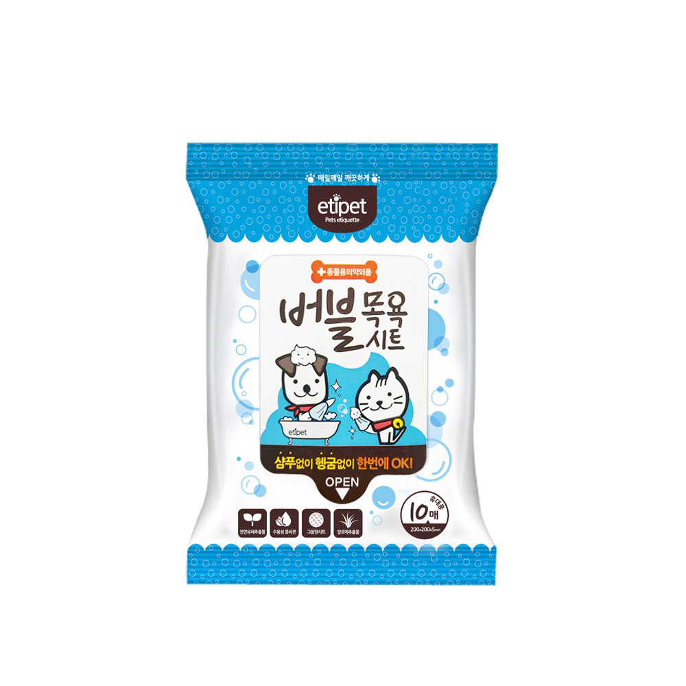 에티펫 강아지물티슈 버블목욕 시트 10매, 1팩 - 상품 이미지
