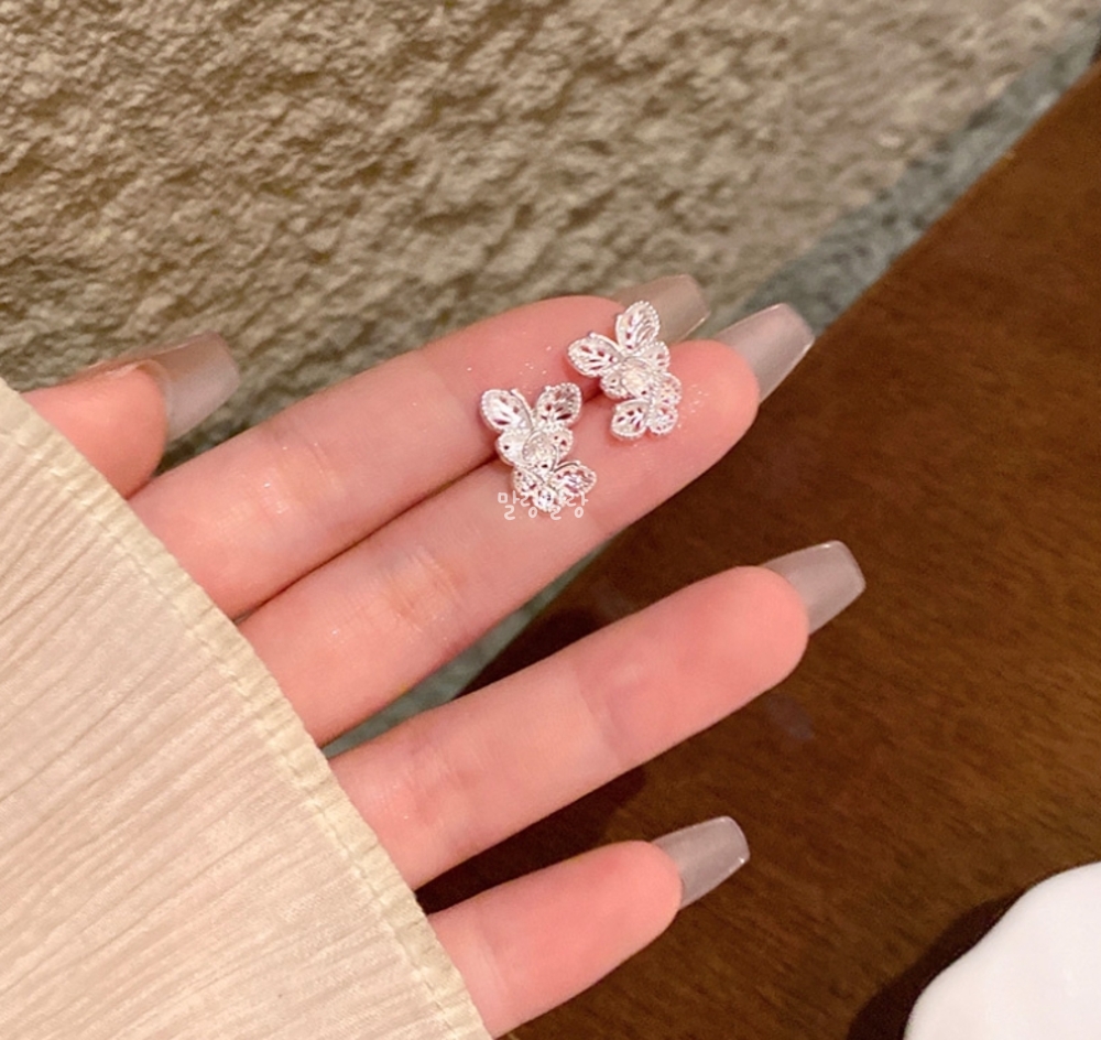 심플 실버 나비 한쌍 커플 미니 귀걸이 버터플라이 스터드이어링 - 상세 이미지 5