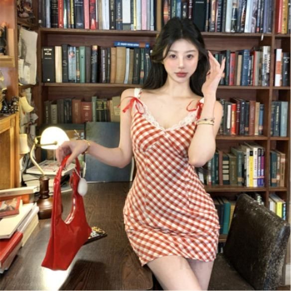 여성 프렌치 무드 레이스 브이넥 체크 하이웨이스트 A라인 뷔스티에 미니 원피스 봄 가을 데일리룩 13164