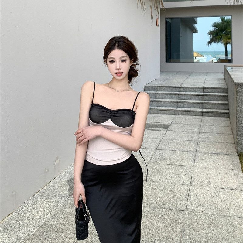 여성 슬림핏 배색 시스루 오픈백 끈나시 민소매 크롭 브라탑 뷔스티에 페이크 투피스 레이어드 상의 섹시 유니크 파티룩 클럽룩 데일리 봄 가을 13163 - 상품 이미지