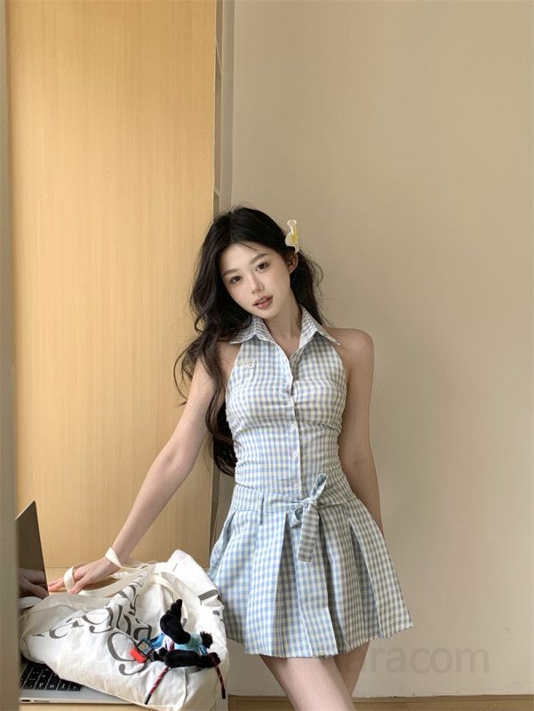 여성 프렌치 무드 홀터넥 카라 체크 플리츠 민소매 셔츠 미니 원피스 하이웨이스트 A라인 데일리 바캉스룩 봄 여름 가을 13162 - 상세 이미지 2