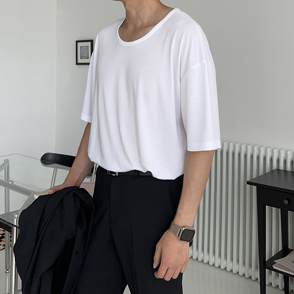 남자 반팔티 U넥 유넥 실켓 쿨 티셔츠 남자 오버핏반팔 - 상세 이미지 2