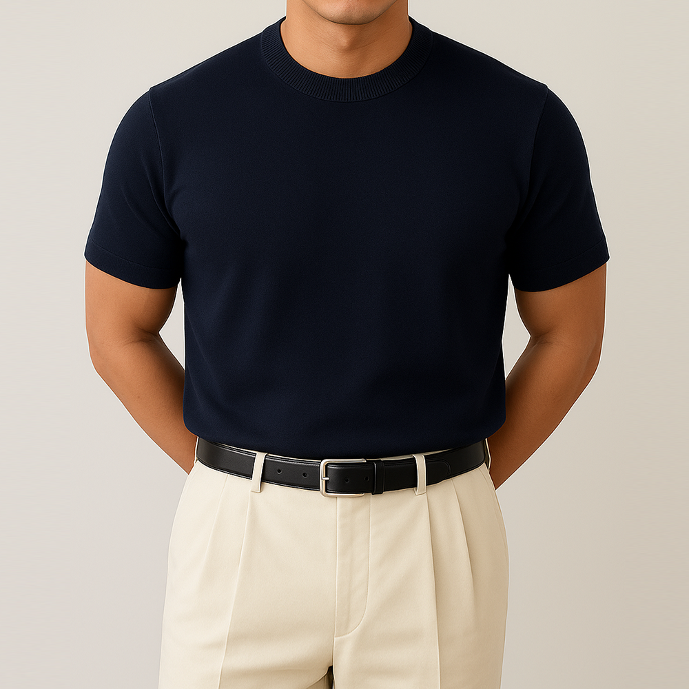 머슬핏 남자반팔니트 여름 니트 LOGAN LAINE 네이비, M (95-100)