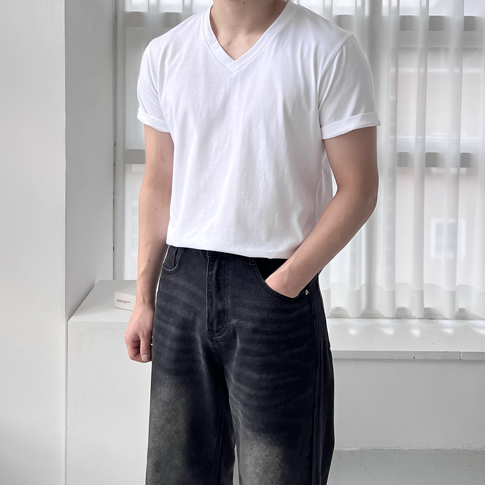 1+1 남자브이넥반팔티 무지티셔츠 20수반팔 흰색면티 - 상세 이미지 4