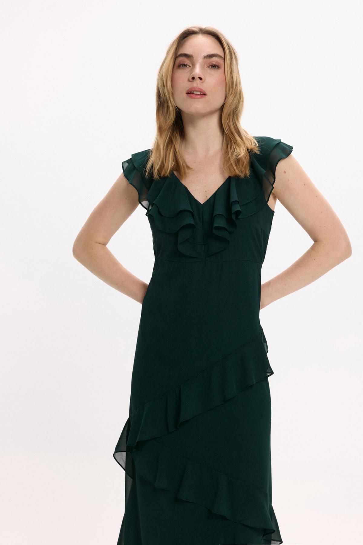 빌라 페미닌 쉬폰 브이넥 플리츠 롱 파티 원피스 6442242 VERDE OSCURO - 상세 이미지 3