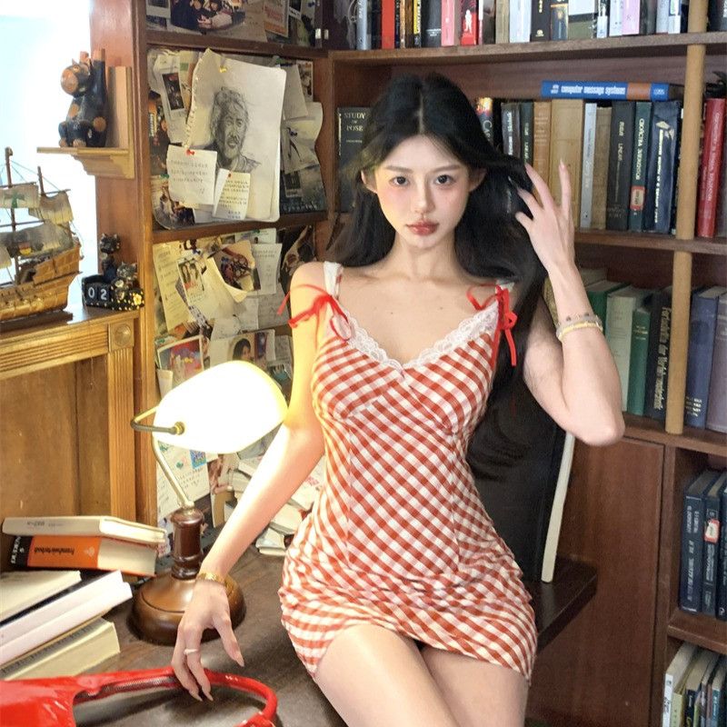 여성 프렌치 무드 레이스 브이넥 체크 하이웨이스트 A라인 뷔스티에 미니 원피스 봄 가을 데일리룩 13164 - 상세 이미지 5