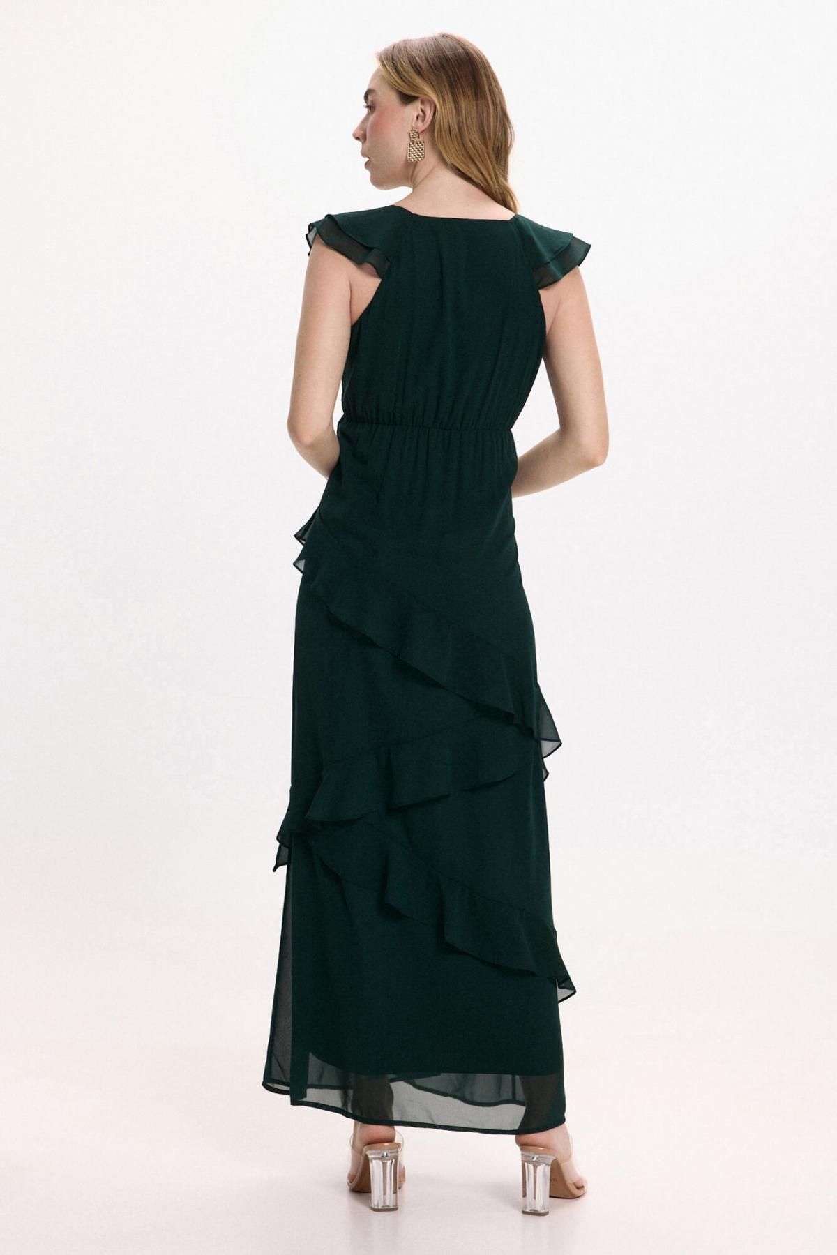 빌라 페미닌 쉬폰 브이넥 플리츠 롱 파티 원피스 6442242 VERDE OSCURO - 상세 이미지 4