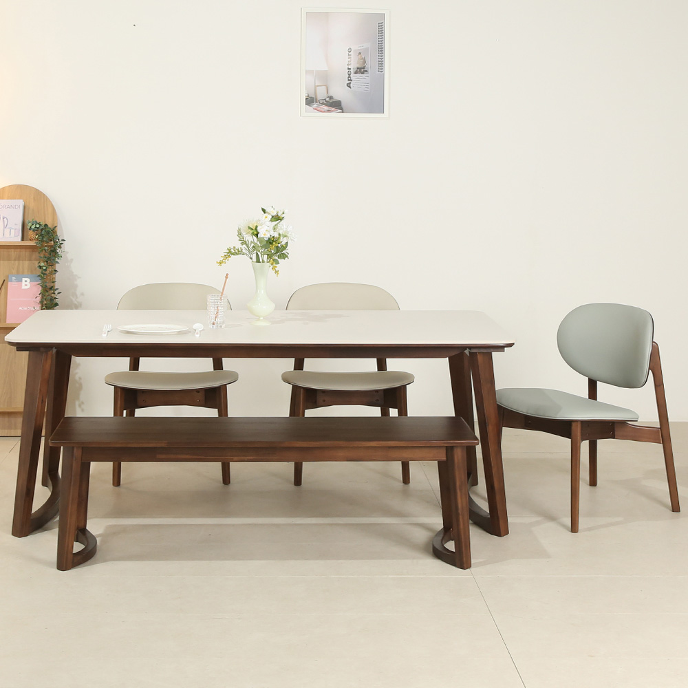 스코나 레스튼 원목 포세린 세라믹 6인 낮은 식탁세트(벤치1개+의자3개)