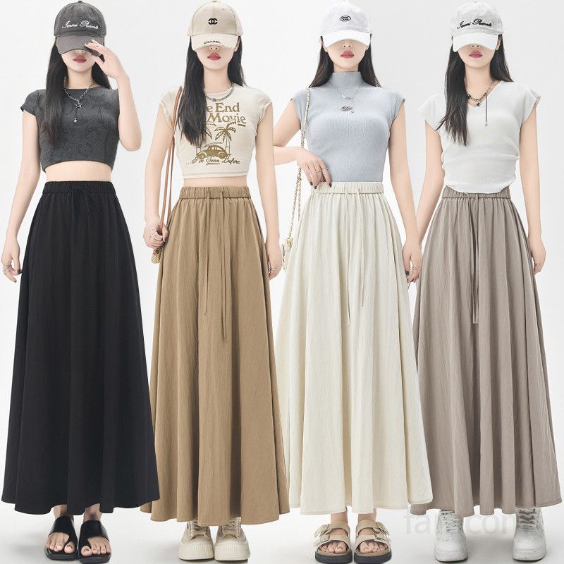 여성 하이웨이스트 A라인 프릴 플레어 롱스커트 주름 스트랩 밴딩 캐주얼 데일리 여름치마 봄 여름 8274