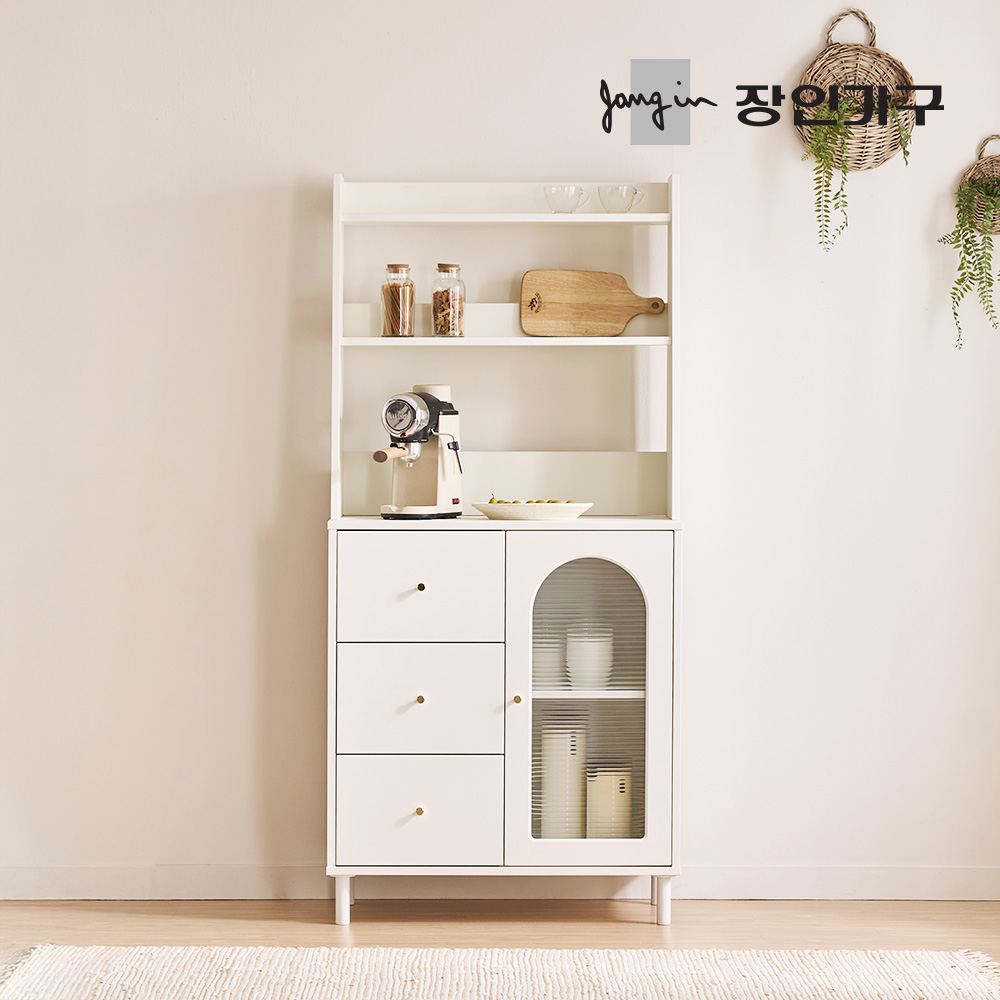 장인가구 쿠르바 그릇 장식 주방수납장 낮은 800 3단서랍 유리장+상부장, 4단, 화이트 - 메인 이미지