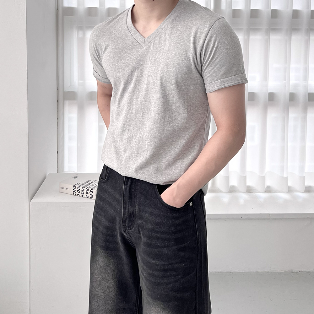 1+1 남자브이넥반팔티 무지티셔츠 20수반팔 흰색면티 - 상세 이미지 2