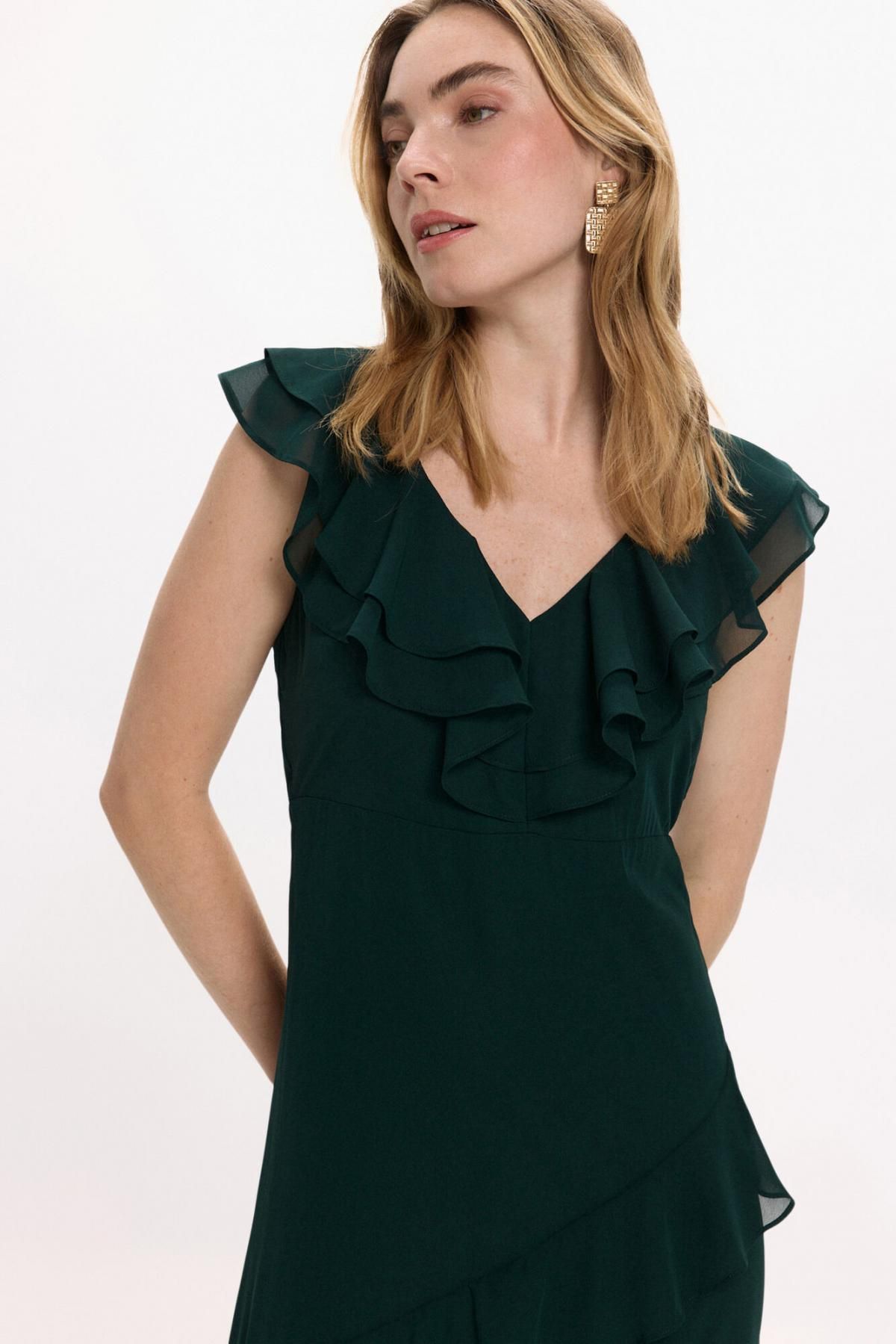 빌라 페미닌 쉬폰 브이넥 플리츠 롱 파티 원피스 6442242 VERDE OSCURO - 상세 이미지 2