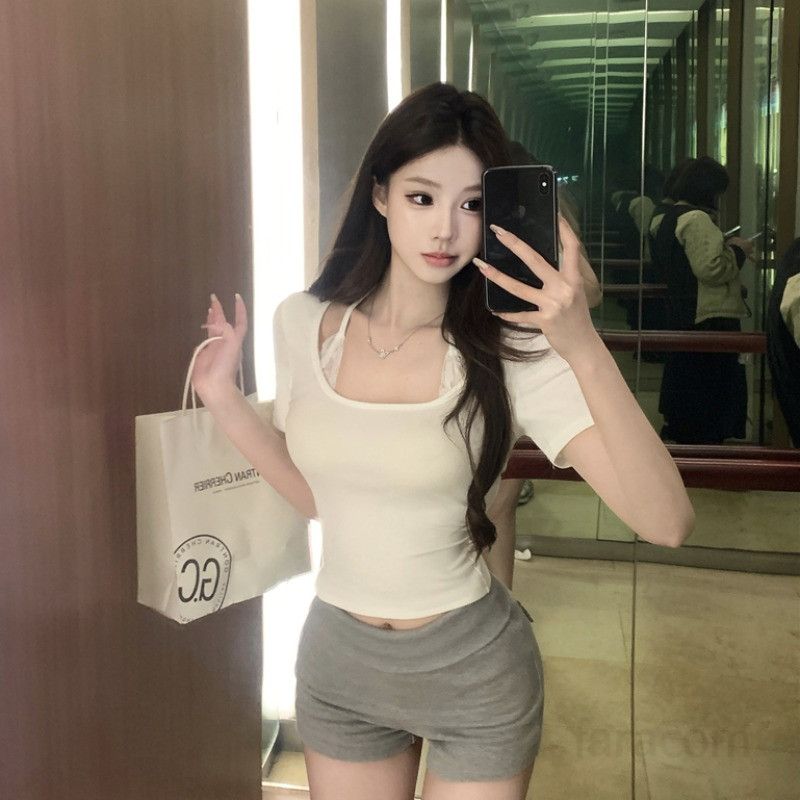 여성 유넥 슬림핏 크롭 골지 반팔 티셔츠 바디라인 글램핏 베이직 데일리 기본템 캐주얼 스타일링 오피스룩 봄 여름 13171 - 상품 이미지