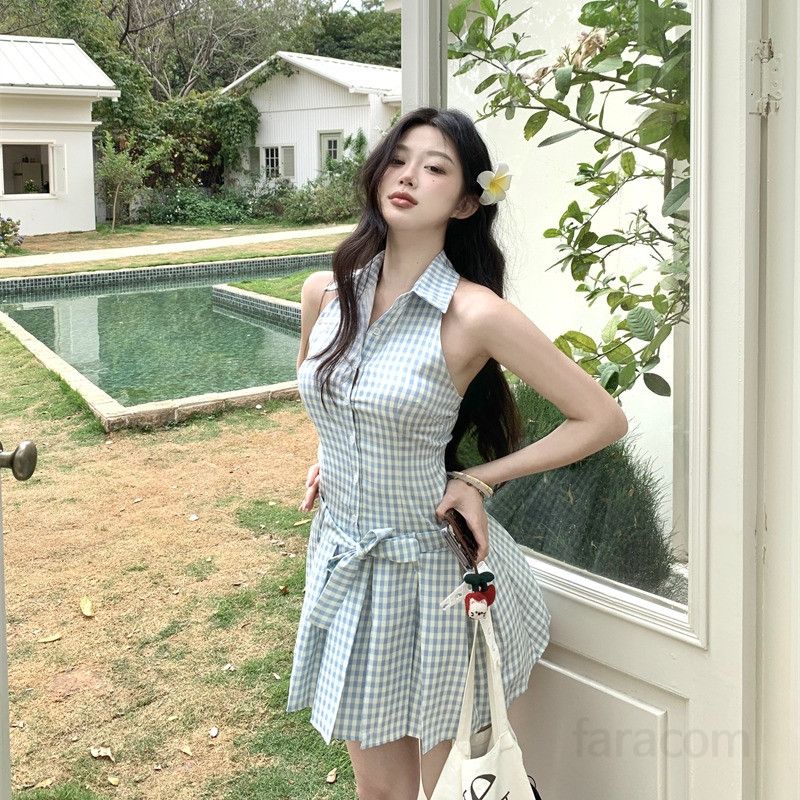 여성 프렌치 무드 홀터넥 카라 체크 플리츠 민소매 셔츠 미니 원피스 하이웨이스트 A라인 데일리 바캉스룩 봄 여름 가을 13162 - 상세 이미지 5