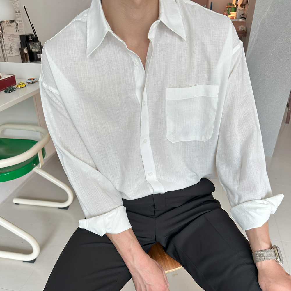 남자 셔츠 오버핏 구김없는 마 여름 남방 남성 린넨 셔츠 이미지 2
