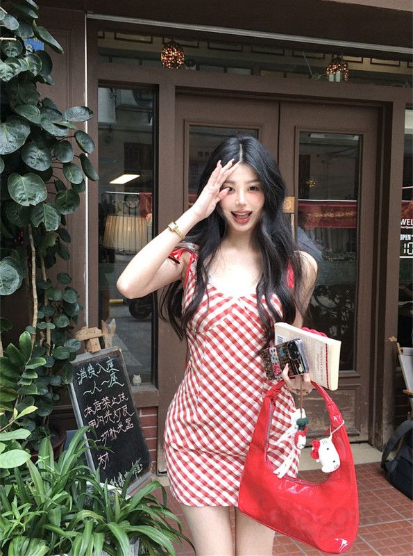 여성 프렌치 무드 레이스 브이넥 체크 하이웨이스트 A라인 뷔스티에 미니 원피스 봄 가을 데일리룩 13164 - 상세 이미지 2