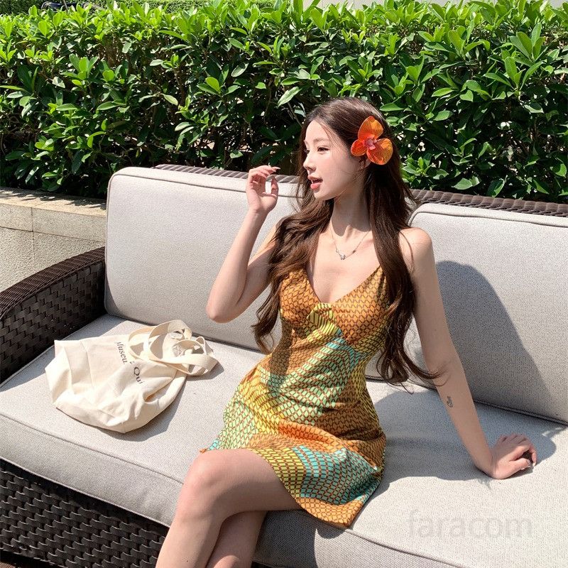 여성 브이넥 자카드 패턴 시원한 민소매 A라인 슬립 숏 원피스 트렌디 청순 섹시 데이트 휴양지 바캉스룩 비치웨어 봄 여름 가을 13181 - 상세 이미지 5