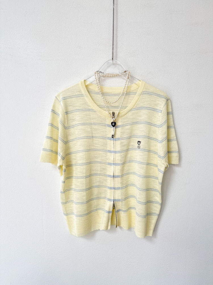 단가라 스마일 자수 썸머 반팔 니트 집업 가디건