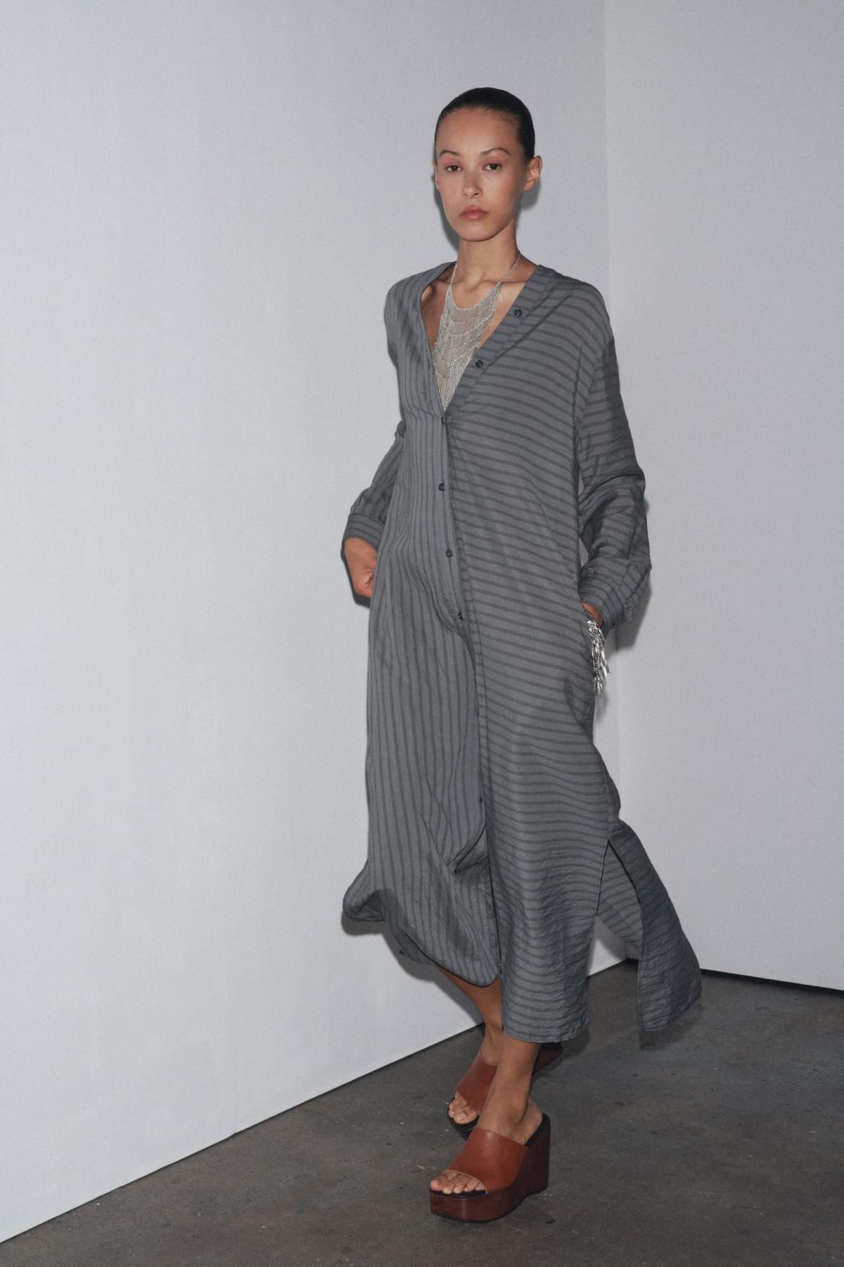 자라 스트라이프 브이넥 롱 셔츠 원피스 4333/240 ANTHRACITE GREY - 상세 이미지 2