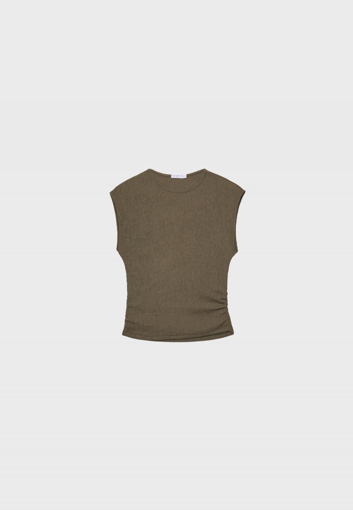 스트라디바리우스 주름 텍스처 슬림핏 캡소매 티셔츠 6642/506 KHAKI - 상품 이미지