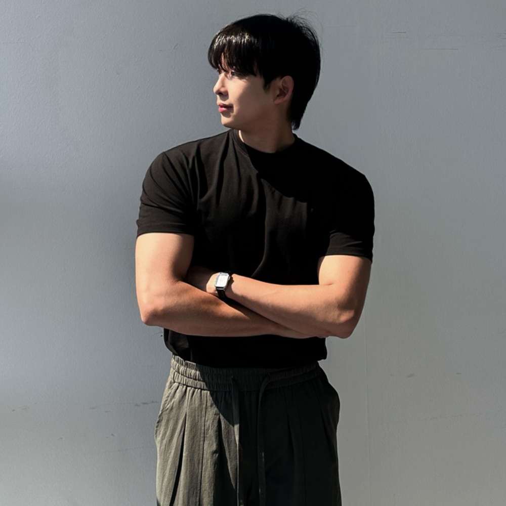1+1 남자 허드 머슬핏 여름 면 스판 텐타덤블 무지 반팔티 이미지 2