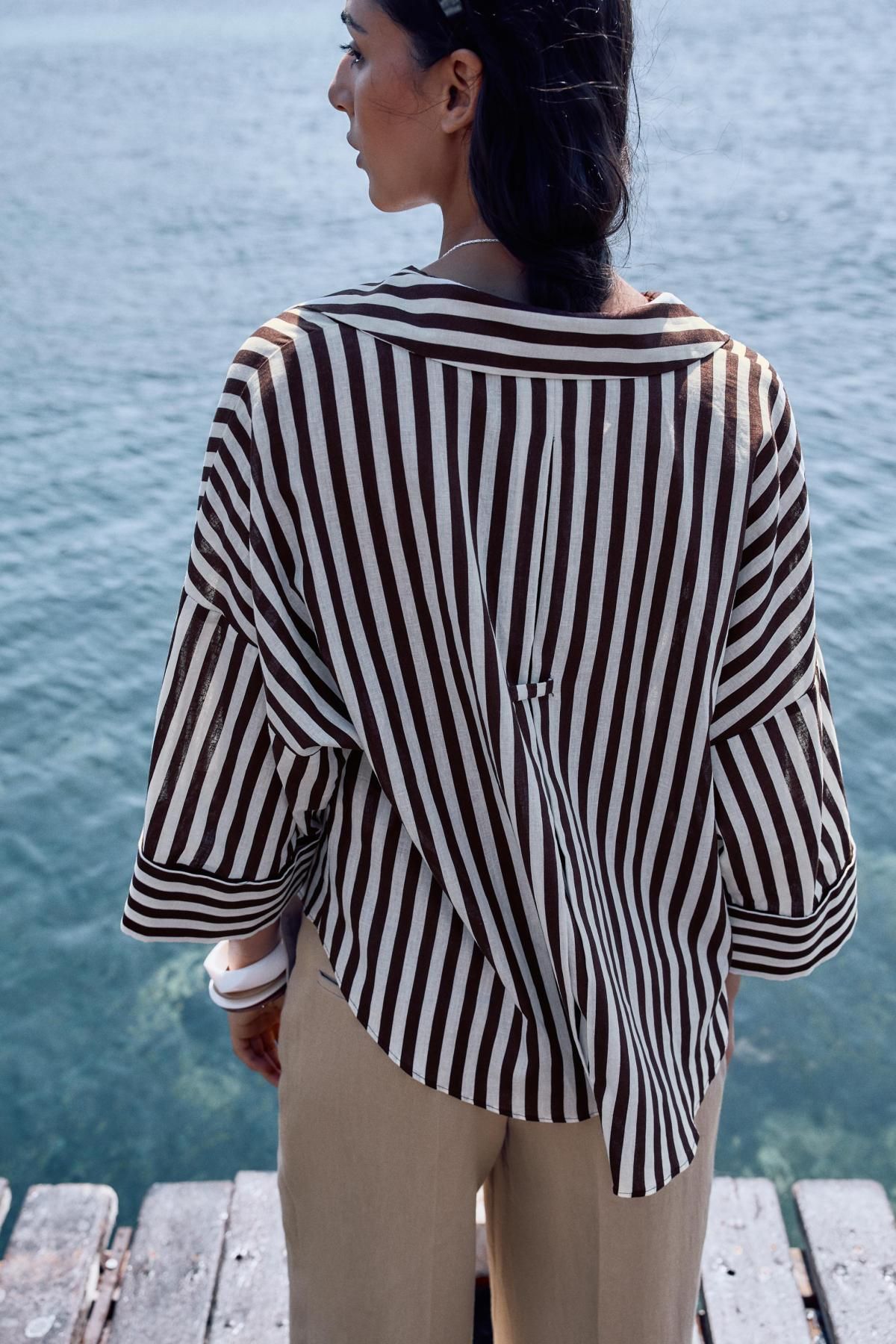 자라 스트라이프 린넨블렌드 와이드 슬리브 셔츠 3457/734 BROWN/WHITE - 상세 이미지 5