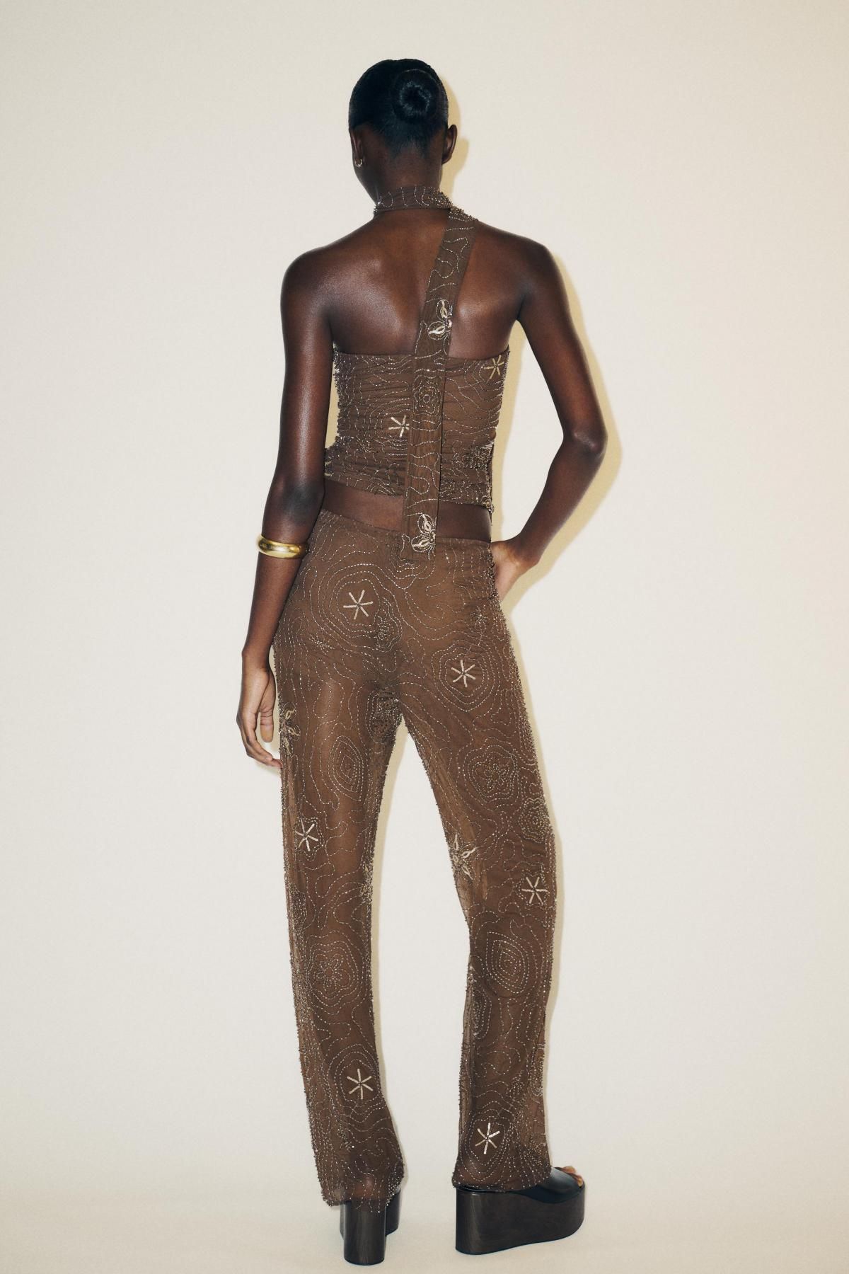 자라 비즈 시퀸 시스루 와이드 팬츠 4813/815 CHOCOLATE - 상세 이미지 5