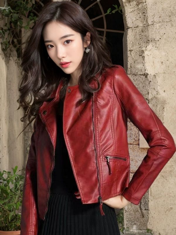 여성용 봄 가울 인조 가죽 재킷 오토바이라이딩 슬림 숏 블랙 - 상세 이미지 5