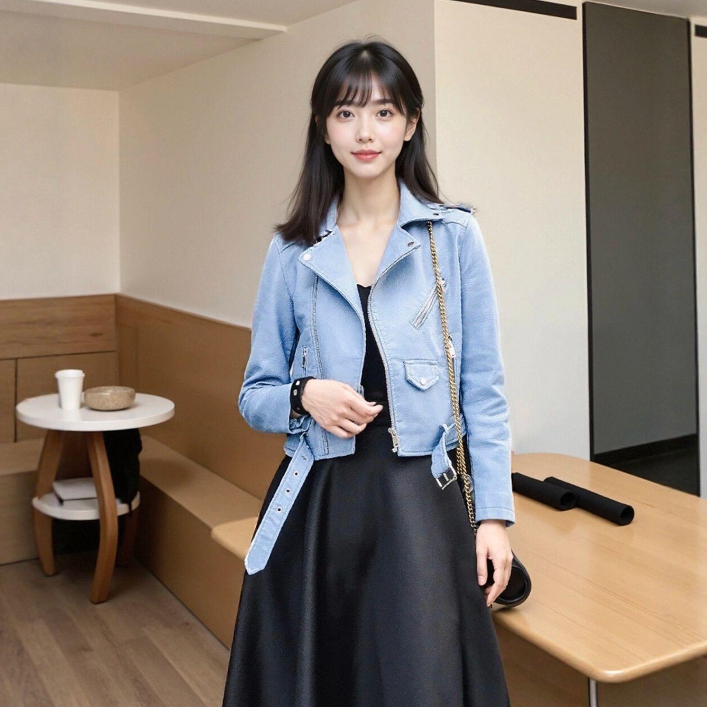 봄 가을 여성용 짧은 인조 가죽 재킷 자켓 오토바이라이딩 옐로우 이미지 8