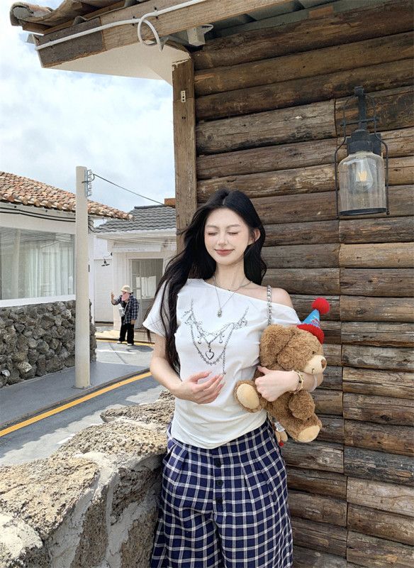 여성 유니크 사선넥 언발란스 체인 프린팅 반팔티 데일리 캐주얼 루즈핏 여름 상의 순면 티셔츠 봄 여름 13206 - 상세 이미지 2