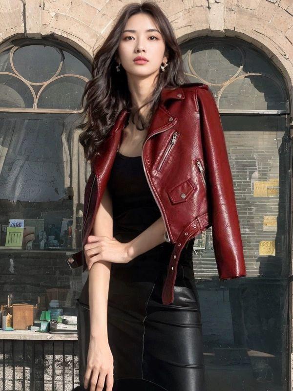 봄 가을 여성용 짧은 인조 가죽 재킷 자켓 오토바이라이딩 옐로우 - 상품 이미지