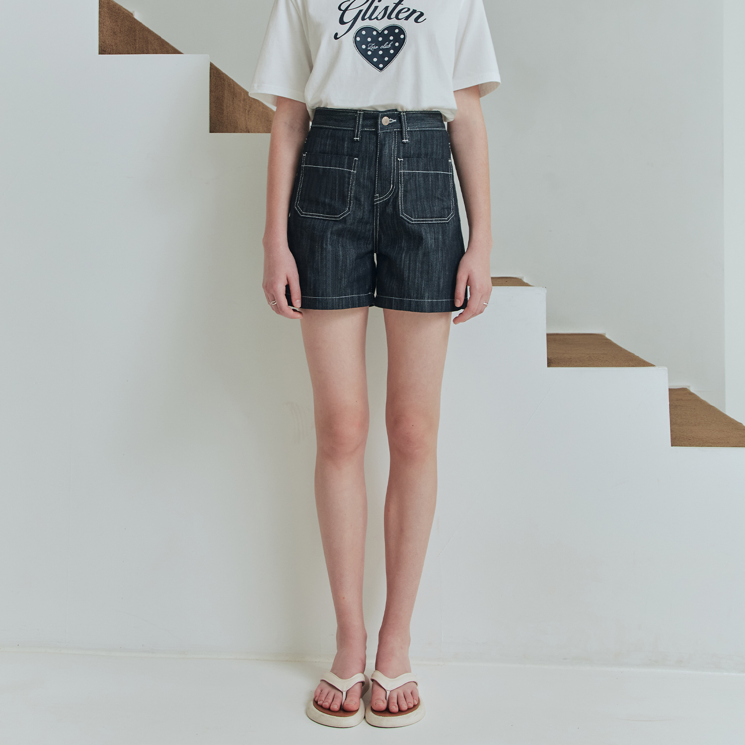 [제로스트릿]스티치 데님 반바지 STITCH DENIM SHORT PANTS / DEEP INDIGO - 상품 이미지