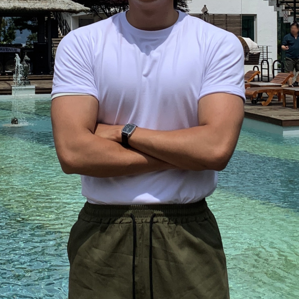 1+1 남자 허드 머슬핏 여름 면 스판 텐타덤블 무지 반팔티 제품 이미지