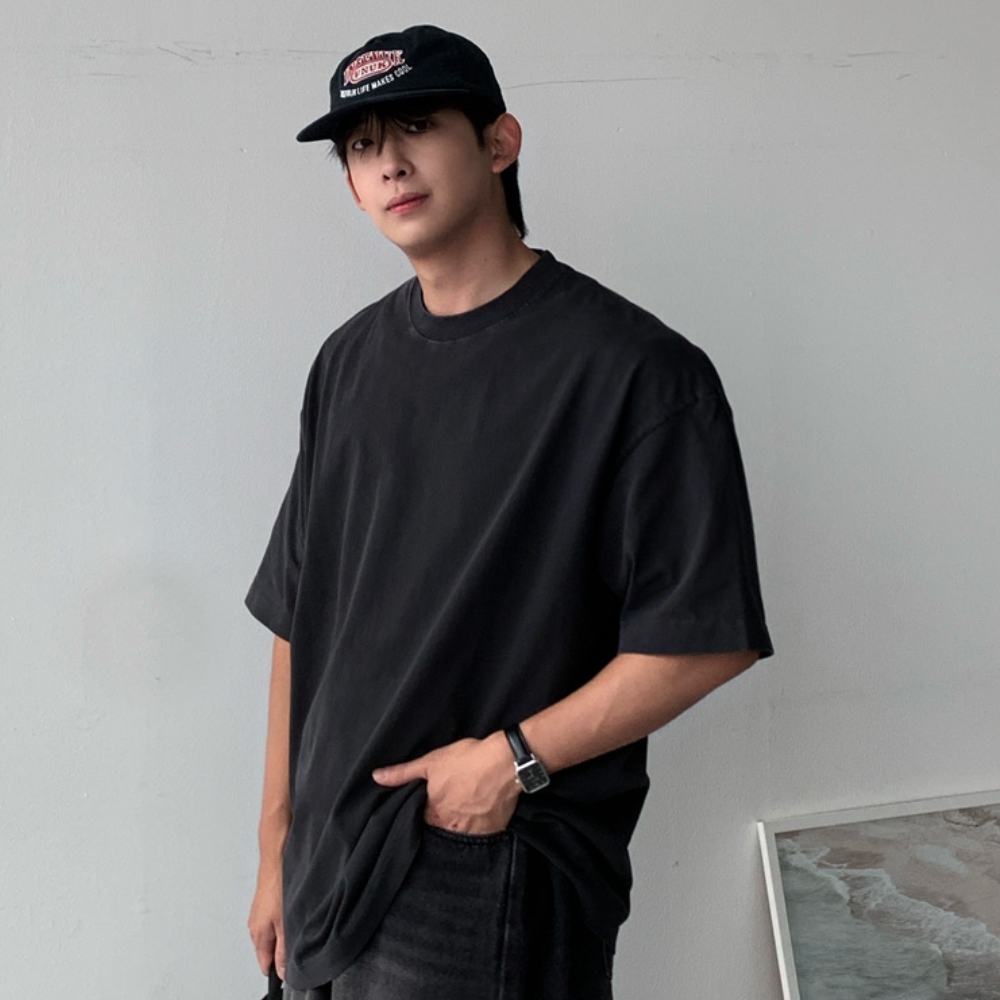 남자 래포 박스 오버핏 여름 면 피그먼트 워싱 무지 반팔티 - 상세 이미지 5