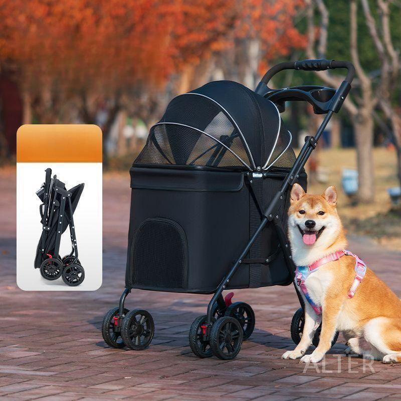 애완 동물 유모차 여행 대형견 캠핑 개모차 트롤리 옐로우그레이-40kg-전후 출입 가능 - 상세 이미지 3
