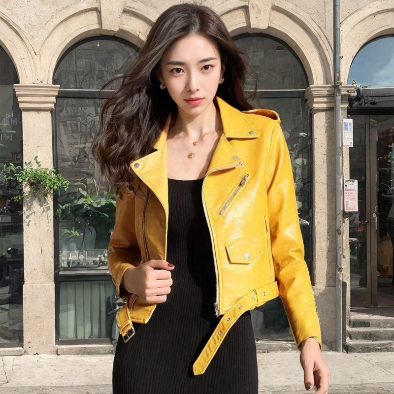 봄 가을 여성용 짧은 인조 가죽 재킷 자켓 오토바이라이딩 옐로우 이미지 6