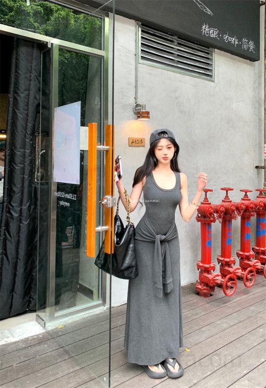 여성 U넥 나시 레이어드 롱 원피스 스트랩 민소매 H라인 하이웨스트 청순섹시 여리여리 데일리 봄 여름 텐셀 13190 - 상세 이미지 4