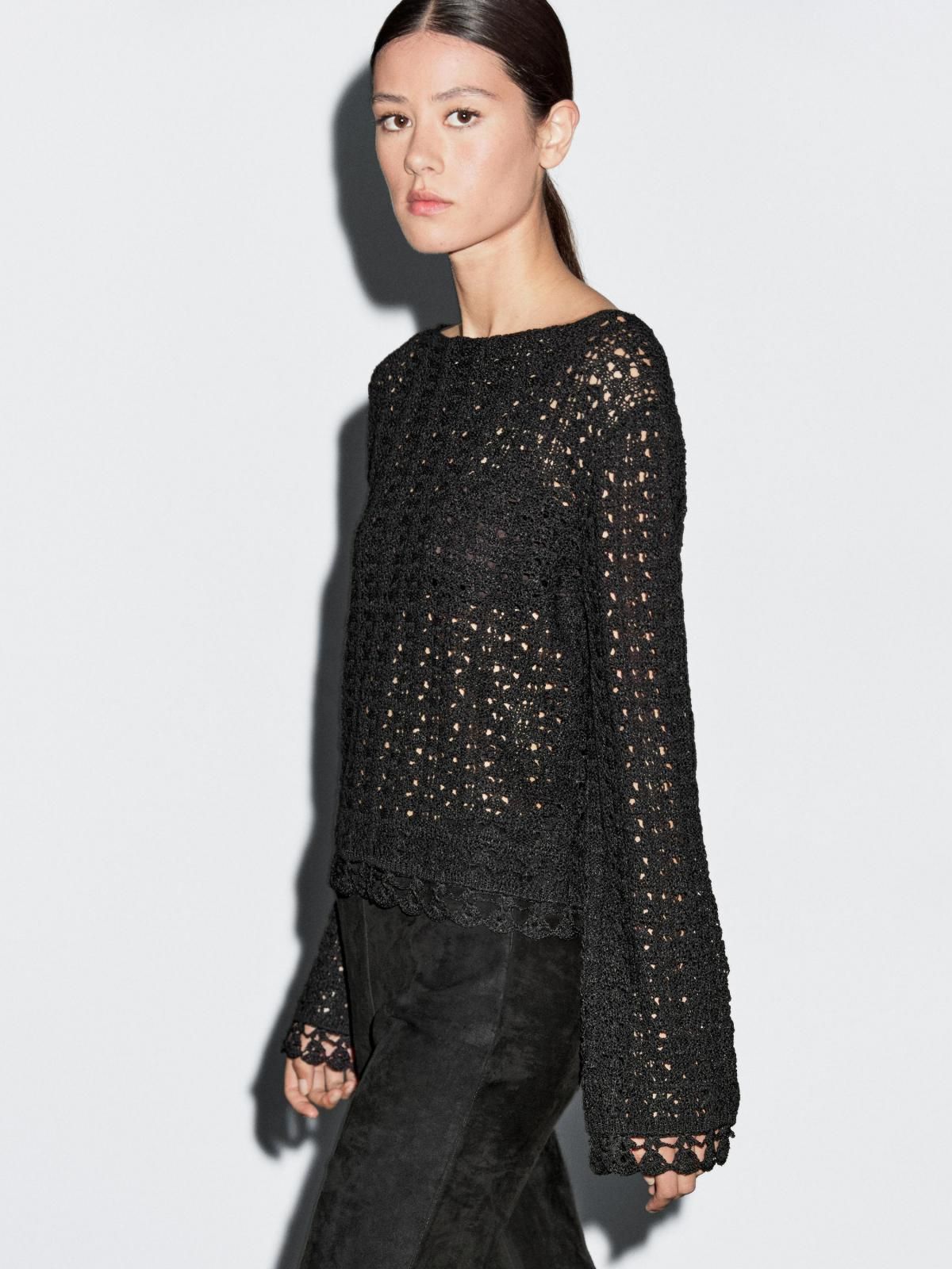 마시모두띠 블랙 오픈워크 크로셰 라운드넥 니트 스웨터 5742/841 BLACK - 상품 이미지