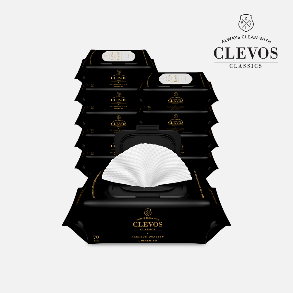 클레보스 도톰한 신생아 아기 물티슈 에센셜 블랙 캡형 70매 10팩