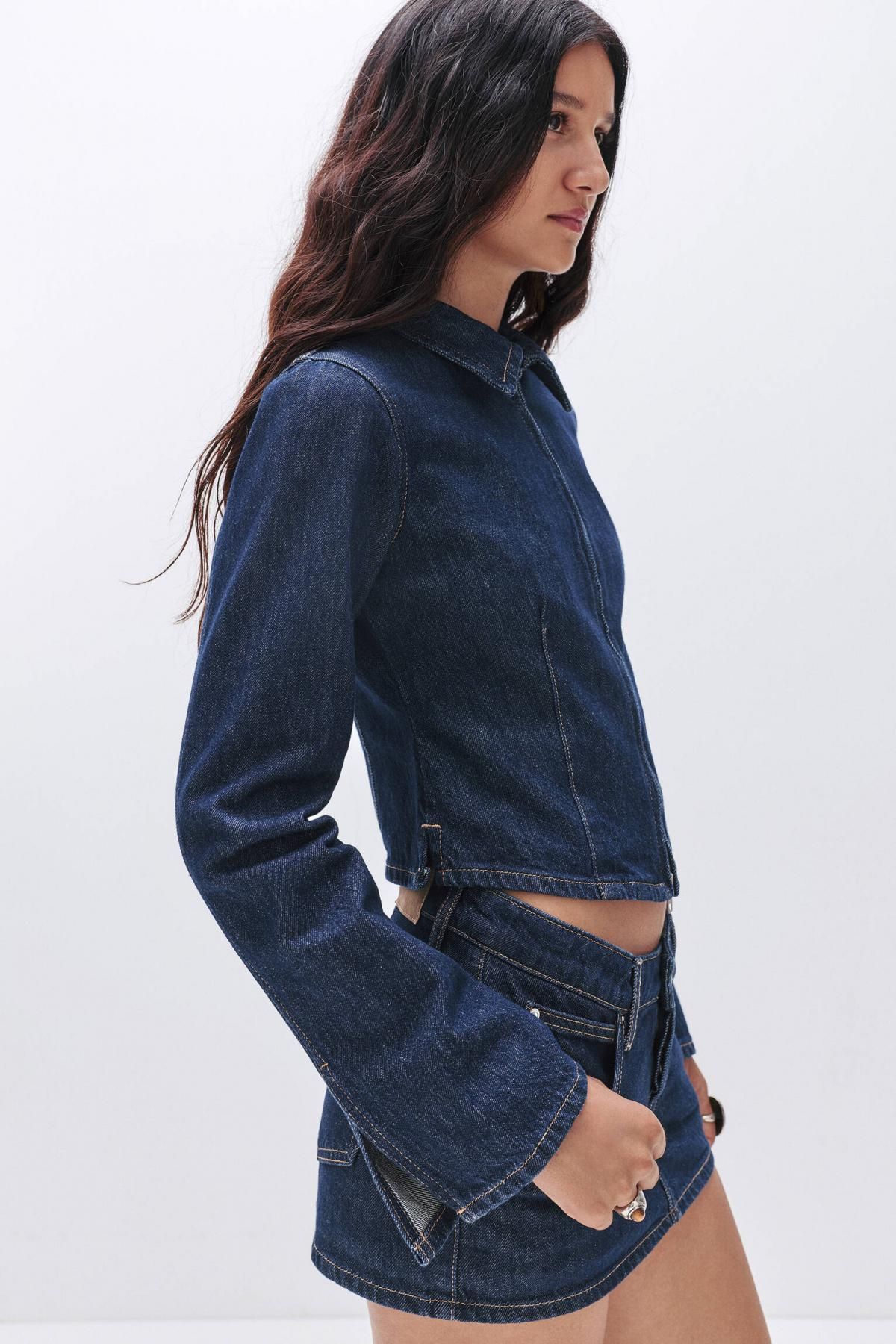 풀앤베어 크롭 데님 집업 셔츠 7474/306 DARK BLUE - 상세 이미지 4