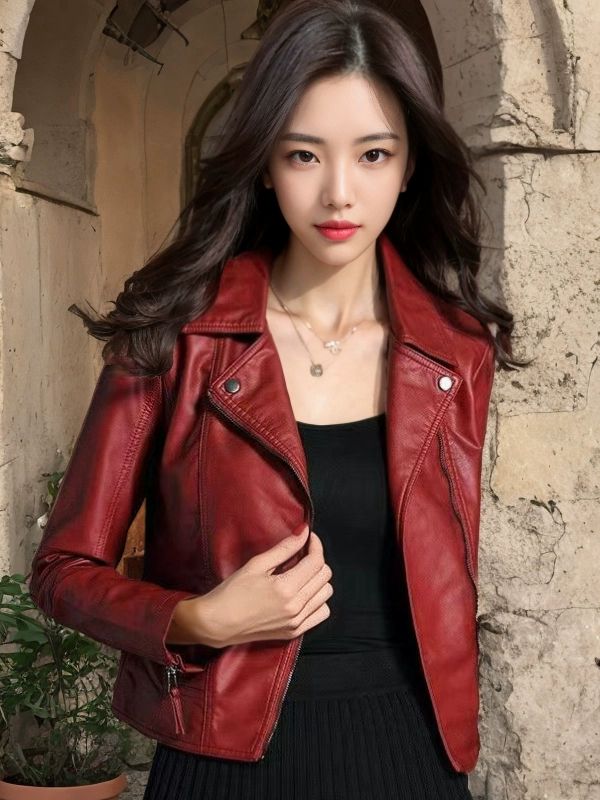 여성용 봄 가울 인조 가죽 재킷 오토바이라이딩 슬림 숏 블랙 - 메인 이미지