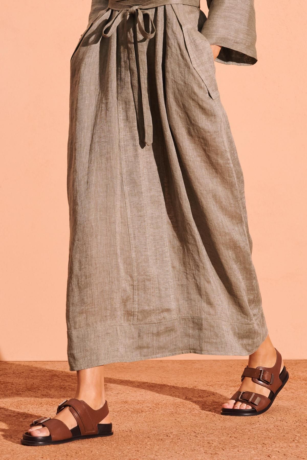 자라 린넨 롱 키모노 스타일 벨트 원피스 2553/900 KHAKI MARL - 상세 이미지 5