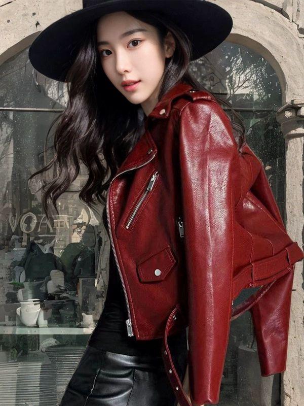 봄 가을 여성용 짧은 인조 가죽 재킷 자켓 오토바이라이딩 옐로우 - 상세 이미지 2