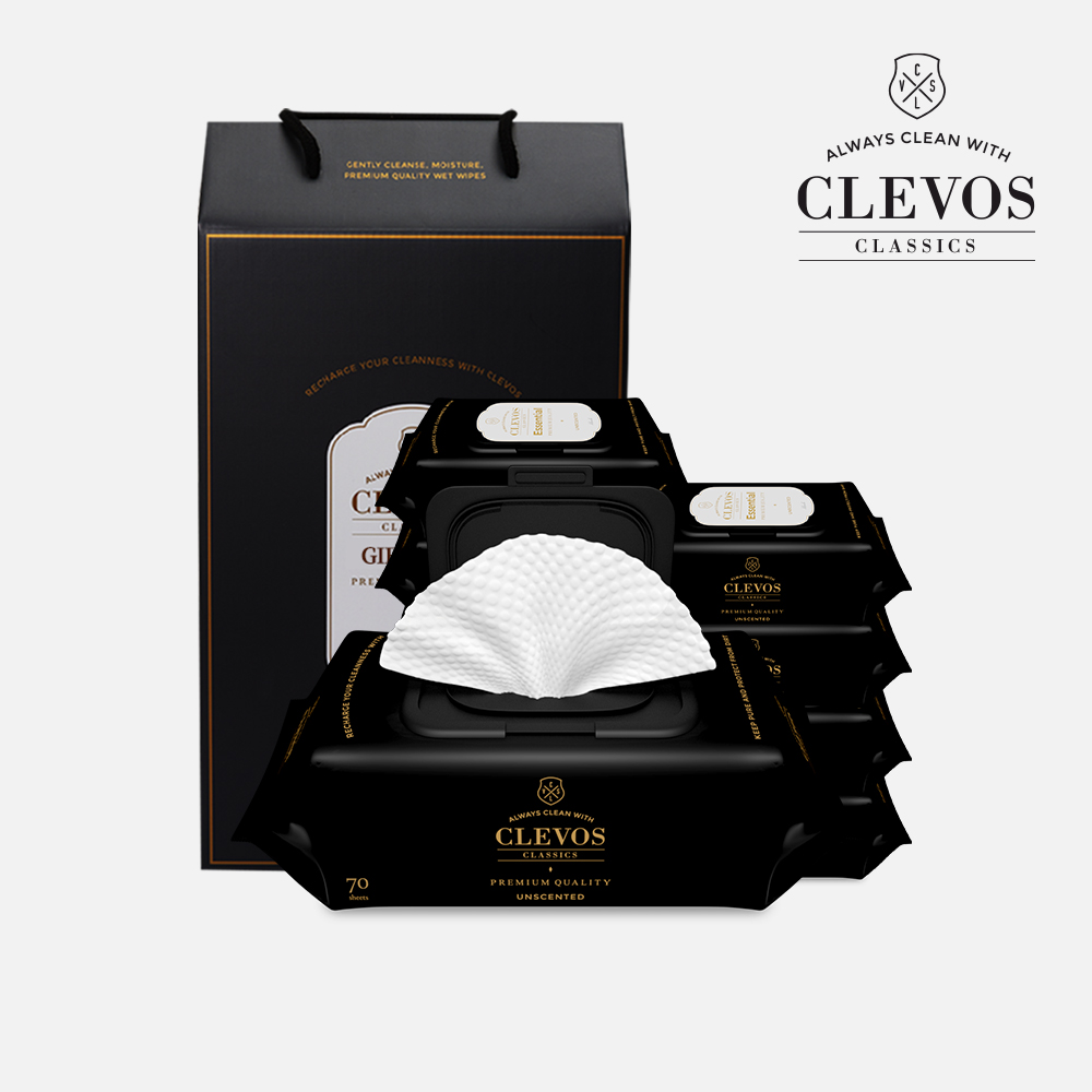 클레보스 도톰한 신생아 아기 물티슈 에센셜 블랙 캡형 70매 8팩 선물세트