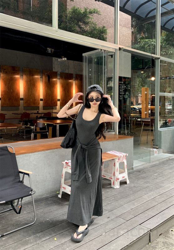 여성 U넥 나시 레이어드 롱 원피스 스트랩 민소매 H라인 하이웨스트 청순섹시 여리여리 데일리 봄 여름 텐셀 13190 - 상세 이미지 2