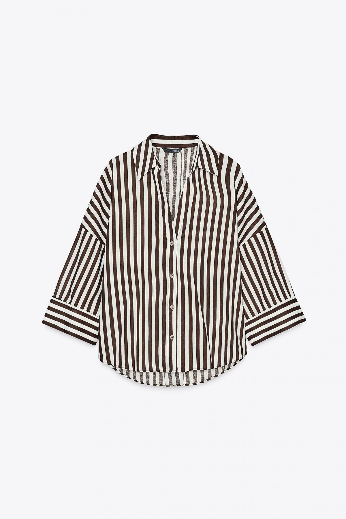 자라 스트라이프 린넨블렌드 와이드 슬리브 셔츠 3457/734 BROWN/WHITE - 상품 이미지