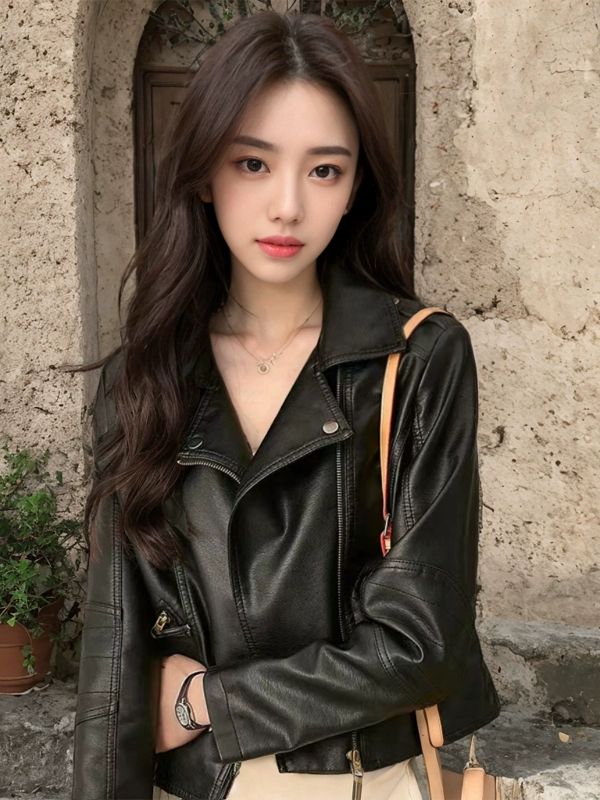 여성용 봄 가울 인조 가죽 재킷 오토바이라이딩 슬림 숏 블랙 - 상세 이미지 3