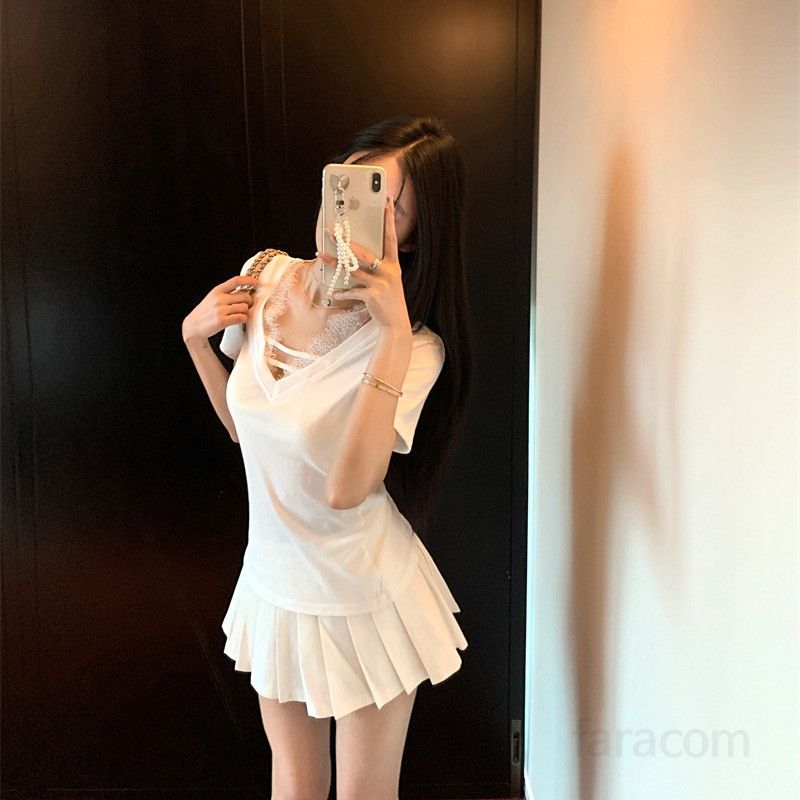 여성 브이넥 레이스 반팔 루즈핏 데일리 기본티 펀칭 골지 디자인 캐주얼 봄 여름 티셔츠 13204 - 상세 이미지 5