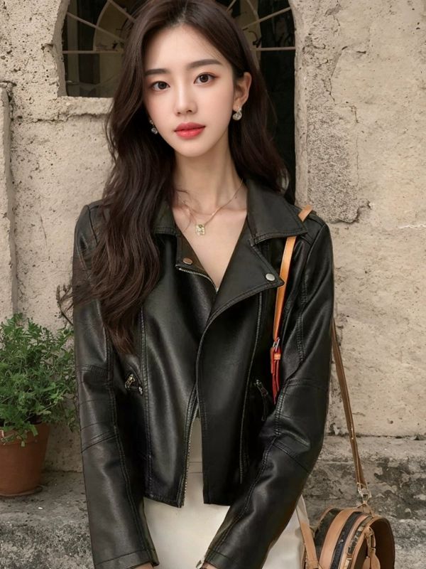 여성용 봄 가울 인조 가죽 재킷 오토바이라이딩 슬림 숏 블랙 - 상세 이미지 2