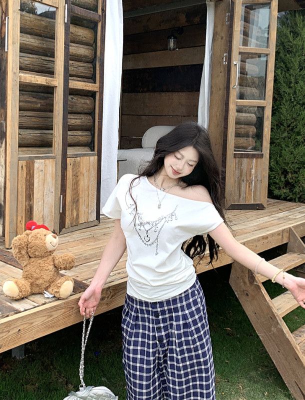여성 유니크 사선넥 언발란스 체인 프린팅 반팔티 데일리 캐주얼 루즈핏 여름 상의 순면 티셔츠 봄 여름 13206 - 상세 이미지 4